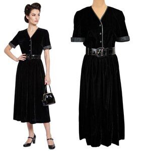VTG 50s Retro Black Velvet Midi Dress Sz M Fit & Flare Buttons Goth Rockabilly